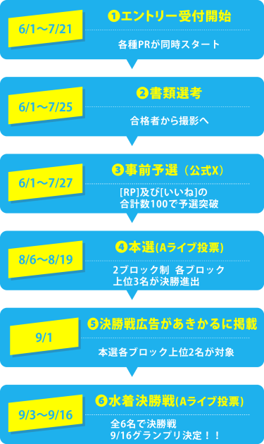 エントリー受付開始→書類選考→事前予選→本選→敗者復活戦→水着決勝戦_SP