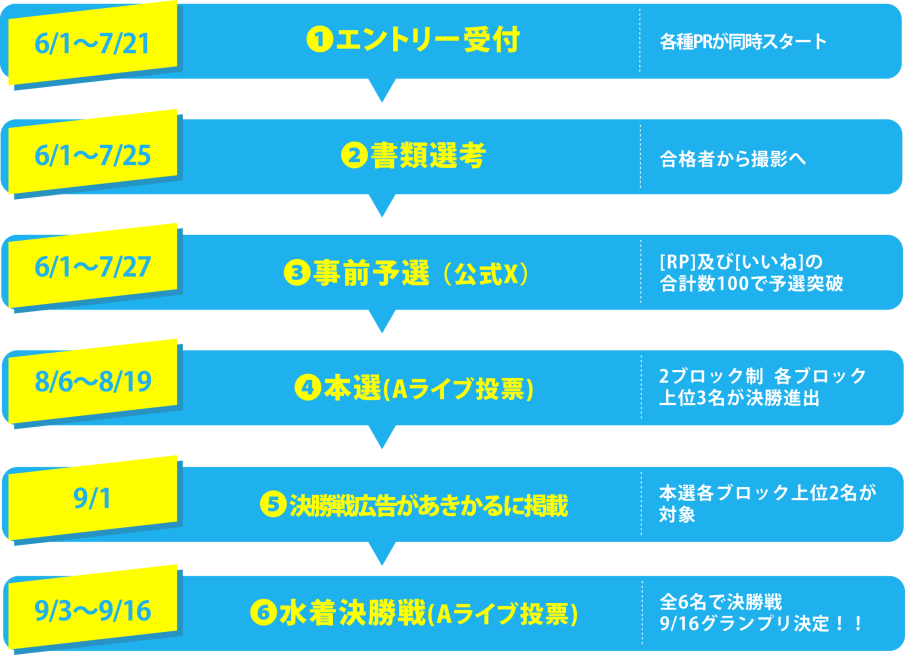 エントリー受付開始→書類選考→事前予選→本選→敗者復活戦→水着決勝戦_PC